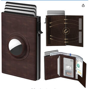 Mens Wallet Card Holder Leather Smart Wallet Air Tag RFID Blocking Slim Brown